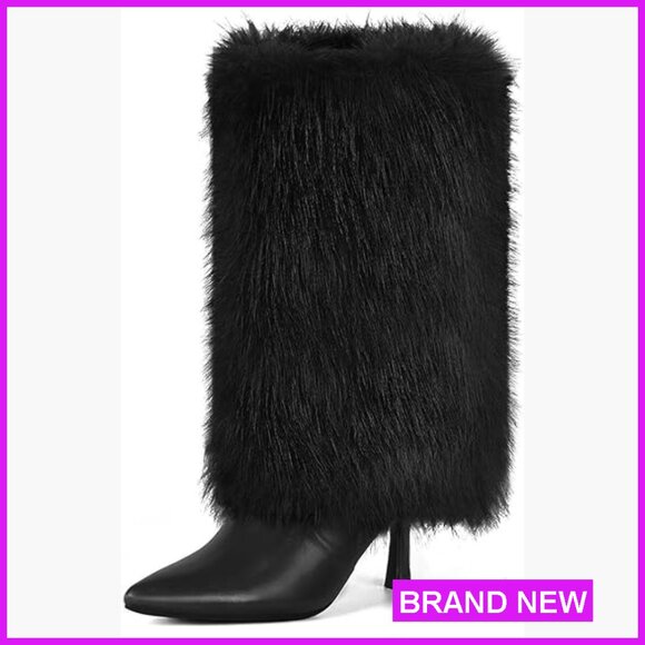 Shoes - Faux Fur Fold Over Boots Kitten Heel Pointed Toe Mid Calf Winter Chic
